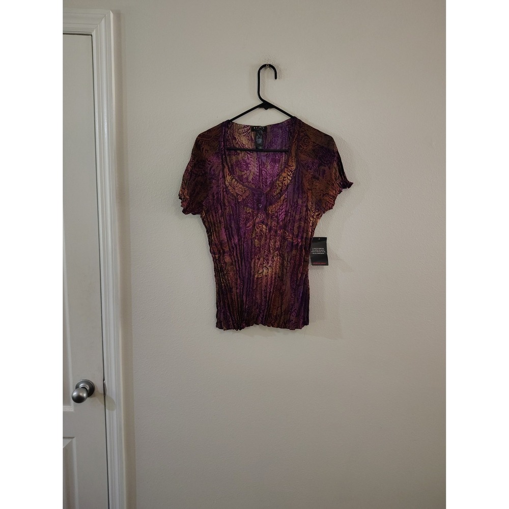 Axcess Liz Claiborne Womens XL Purple Bronze Paisley Crinkle Short Sleeve Blouse